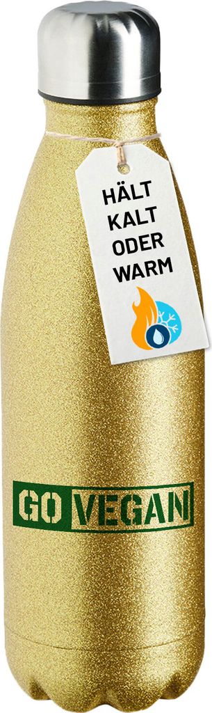 Huuraa Trinkflasche Go Vegan Modern 500ml Gold Edelstahl Wasserflasche Trinkflasche Geschenkidee