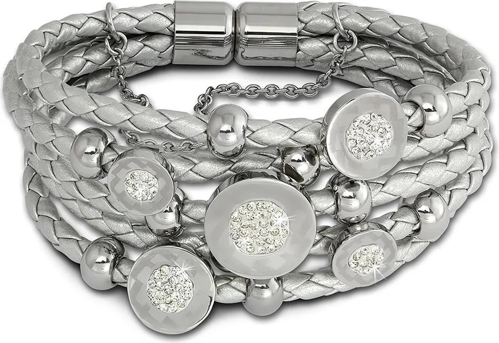 Amello bracciale in pelle acciaio inox argento grigio bianco zirconi cerchi donna LAQ013J1