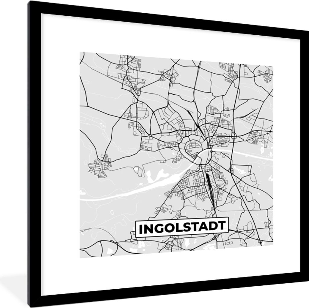 MuchoWow Gerahmtes Poster Karte - Stadtplan - Deutschland - Ingolstadt - Karte 40x40 cm - Poster mit Schwarzem Bilderrahmen Wandposter Rahmen Fot...