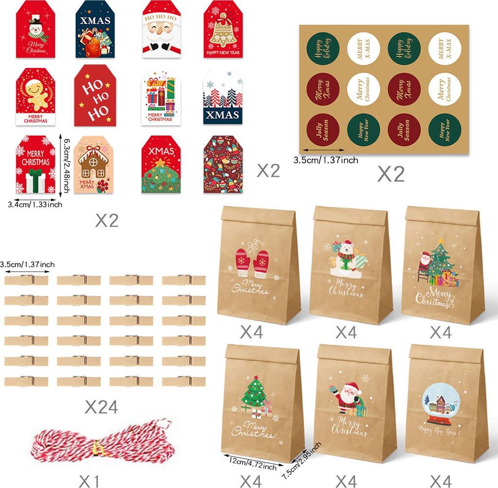 24er-Set Weihnachtsgeschenktüten mit Weihnachtsmann-, Schneemann- und Hirschmotiven, Papierboxen für Süßigkeiten, festliche Geschenktüten, Dek...