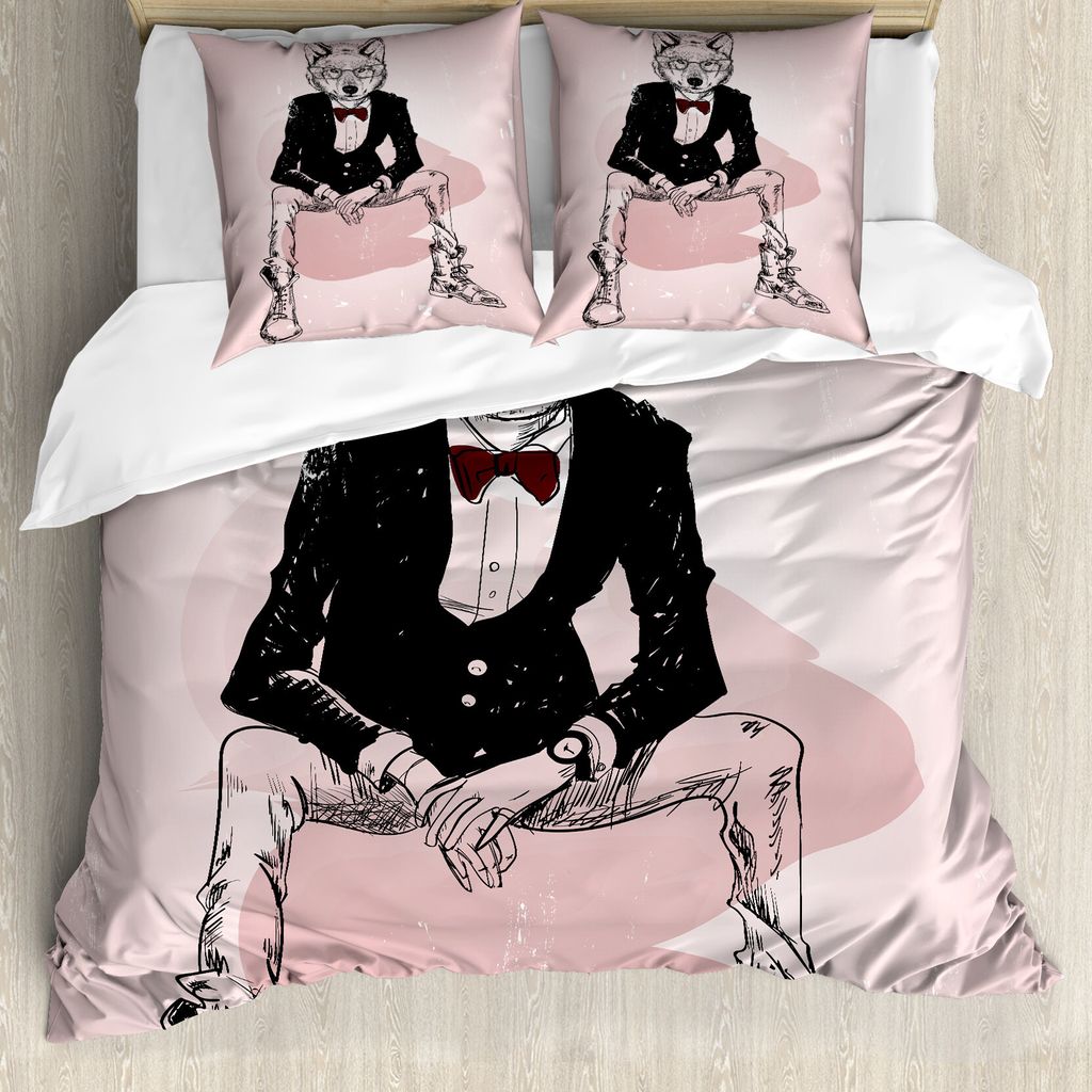 ABAKUHAUS Indie Bettbezug, Hipster Wild Wolf Gläser, Milbensicher Allergiker geeignet mit Kissenbezügen, 155 cm x 220 cm - 80 x 80 cm, Baby-Rosa-...