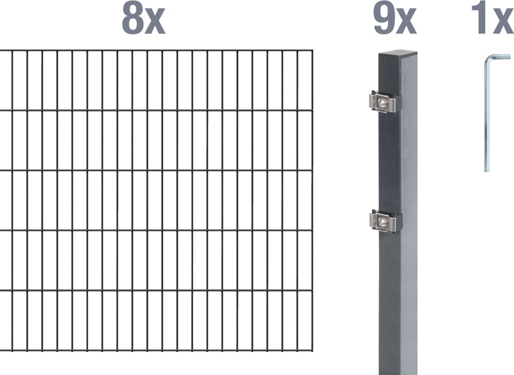 Alberts Doppelstabmatten Zaun, Höhe 200 cm, Länge 16 m, Zaun-Komplettset zum Einbetonieren, anthrazit, Pfosten 60x40 mm