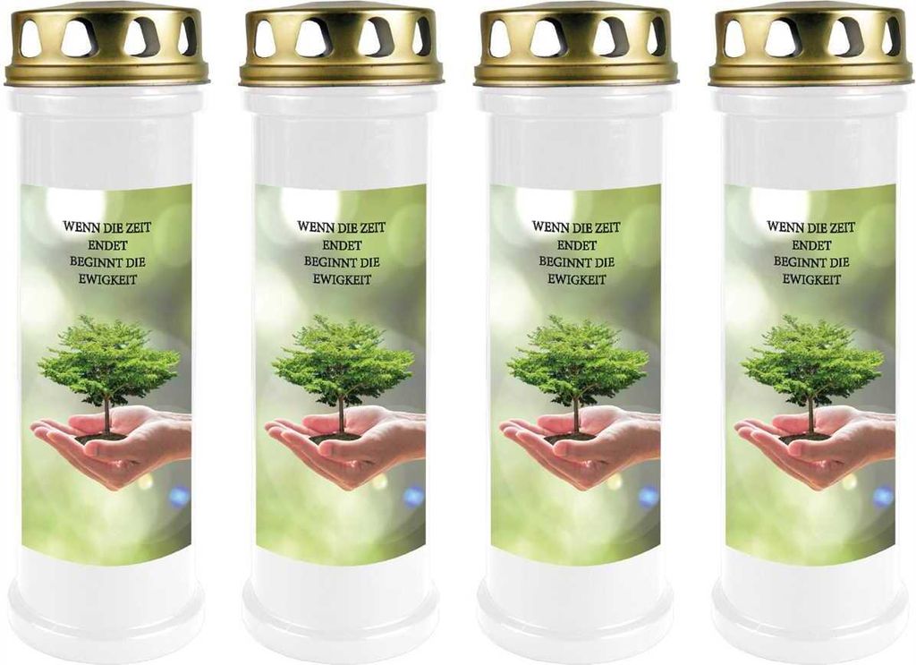 Grabkerze Weiß 4er Pack, Brenndauer: 100 Stunden ( je Kerze ), Motiv: Baum