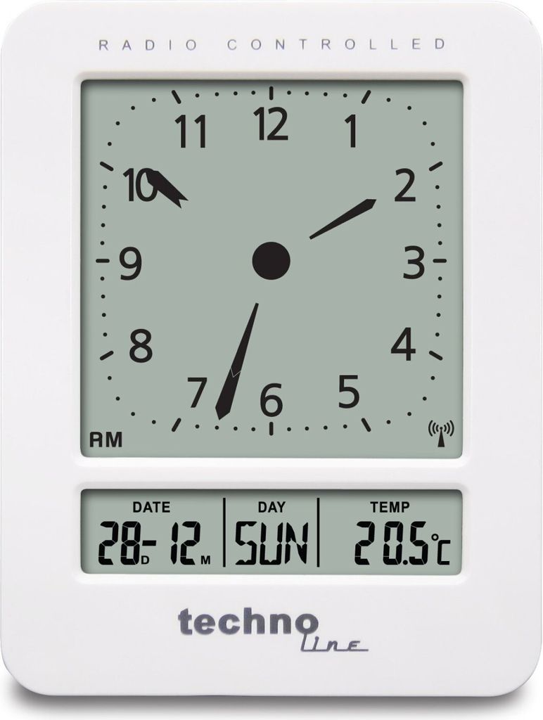 A white digital alarm clock with a clock face and date/temperature display.