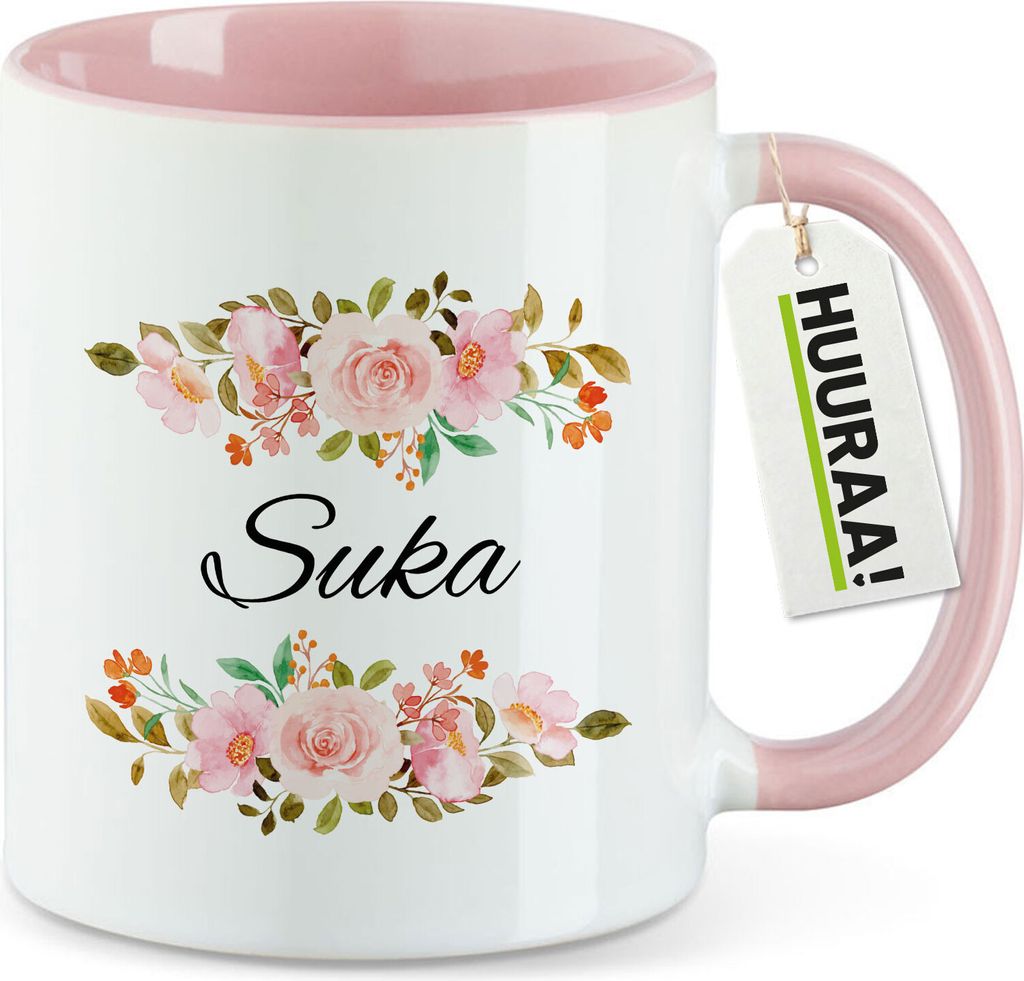 Huuraa Kaffeetasse Suka russisch Blumen 330ml Rosa Keramik Kaffeebecher Geschenkidee