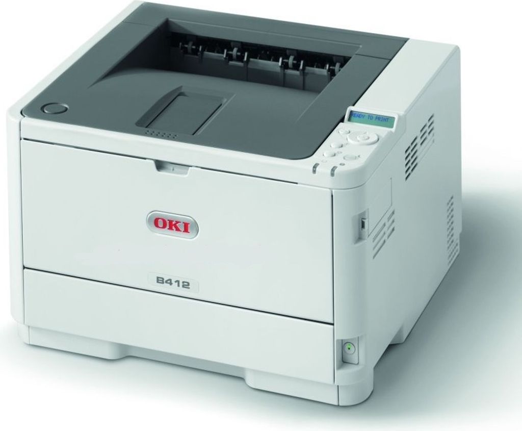 A studio shot of a white and gray OKI B412dn S/W Laserdrucker printer on a white background.