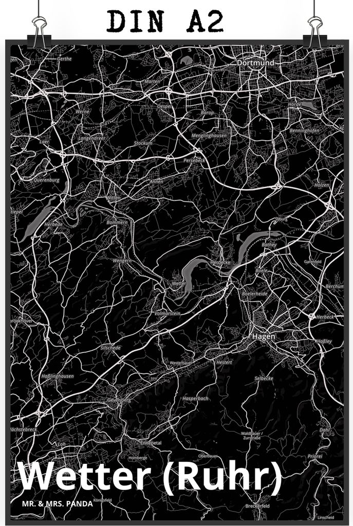 Mr. & Mrs. Panda Bild Wetter (Ruhr) DIN A2 - Geschenk, Plakat, Wandschmuck, Wandbild, Stadt Dorf Karte Landkarte Map Stadtplan, drucke, wanddeko
