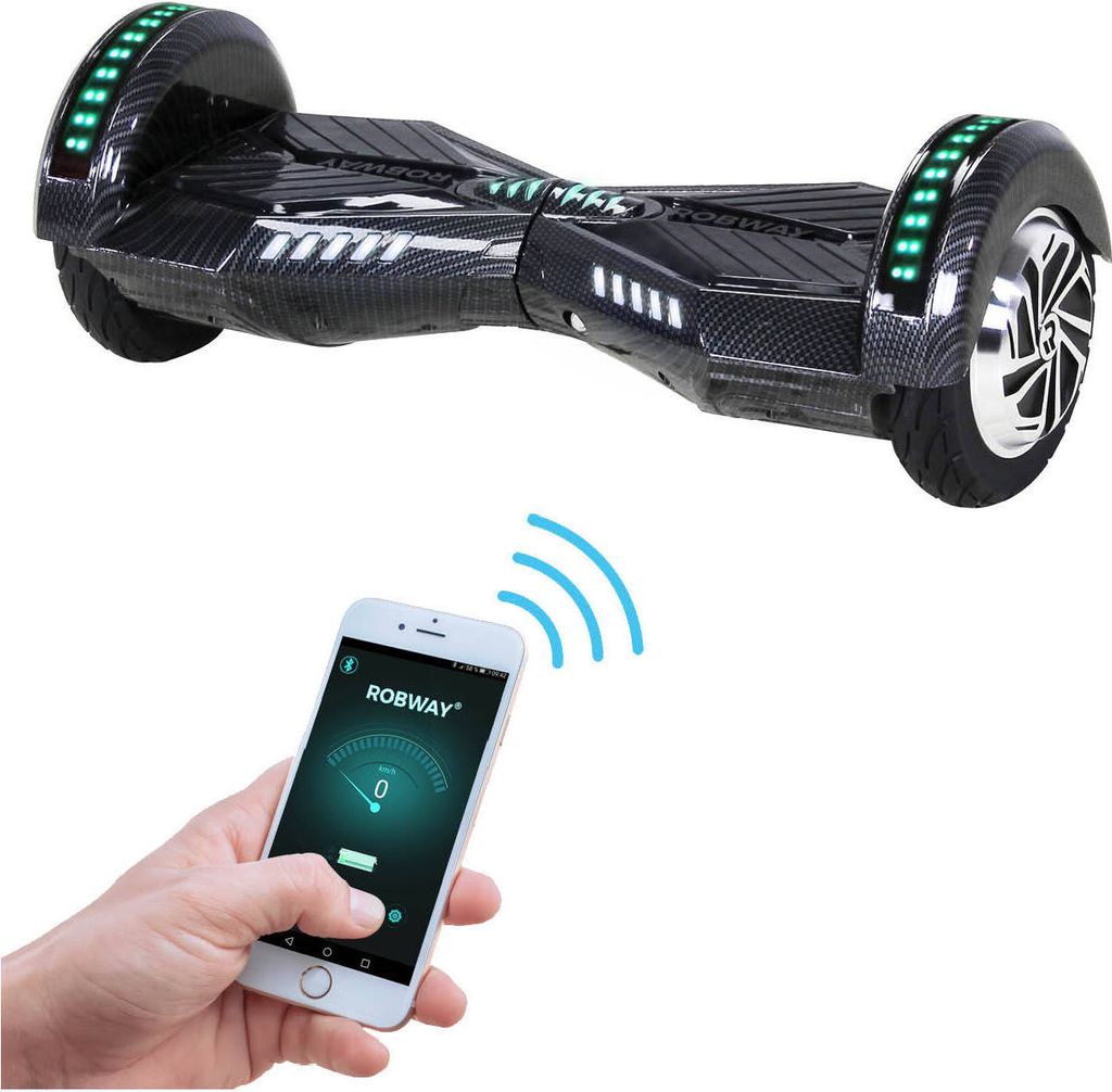 ROBWAY W2 - Hoverboard für Erwachsene & Kinder - 8 Zoll - 700 W - 15,00 km/h - Self-Balance-Funktion - Bluetooth - App - LEDs (Carbon)