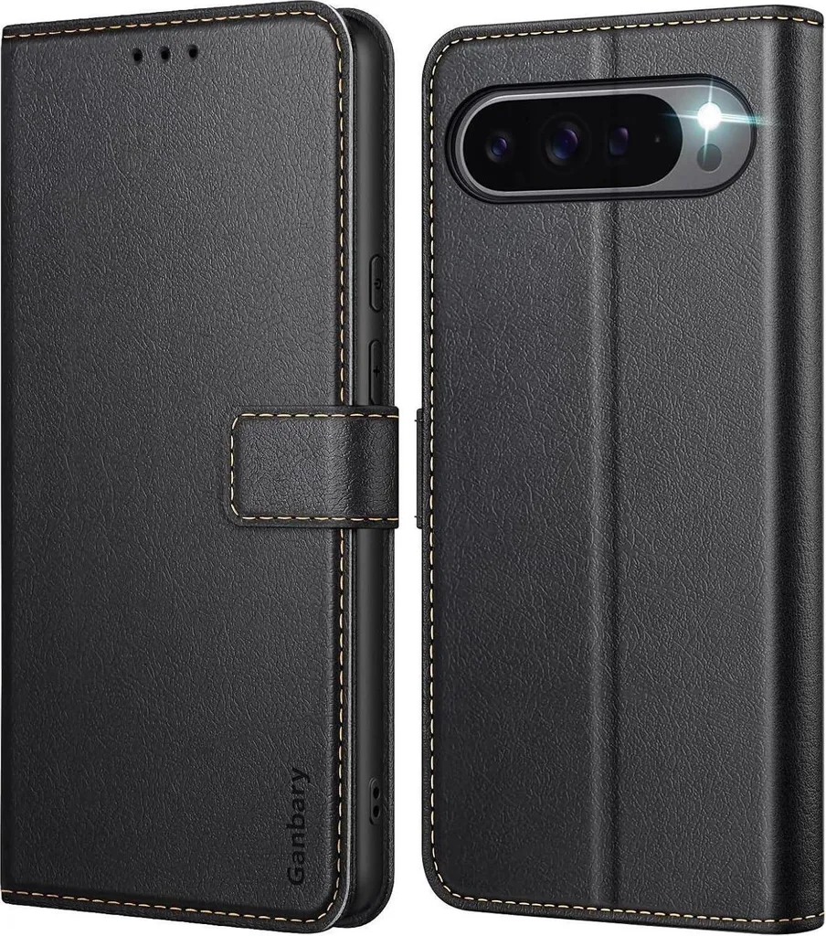 Custodia Ganbary Premium Google Pixel 9 Pro XL - Pelle Nera Minimal