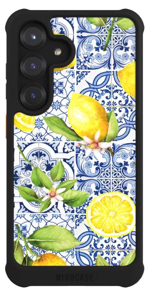NIVOCASE Hülle für Samsung Galaxy S25 Stoßfeste Handyhülle NIVOmax Case Schwarz Griechenland Muster Zitrone