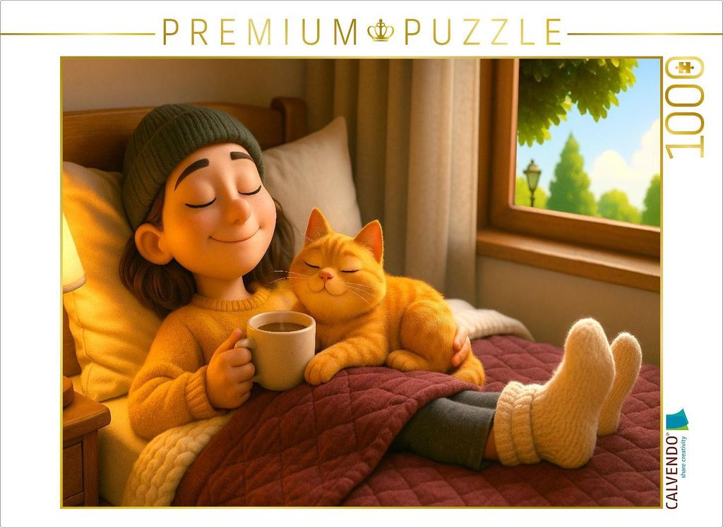 CALVENDO Puzzle Warme Socken im Sommer - Chillen mit Katze und Kaffee | 1000 Teile Lege-Größe 64x48cm Foto-Puzzle für glückliche Stunden