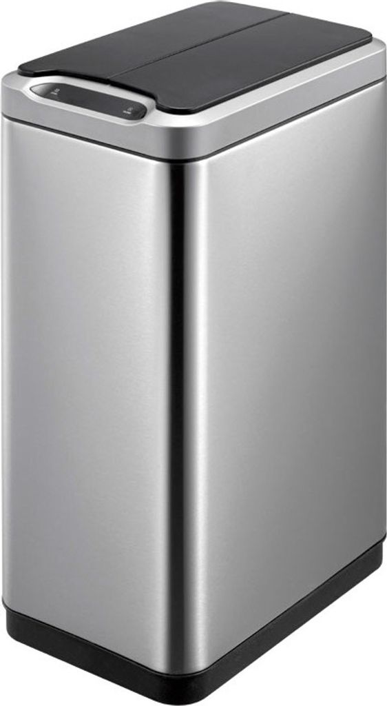 A stainless steel trash can with a black lid and control panel.