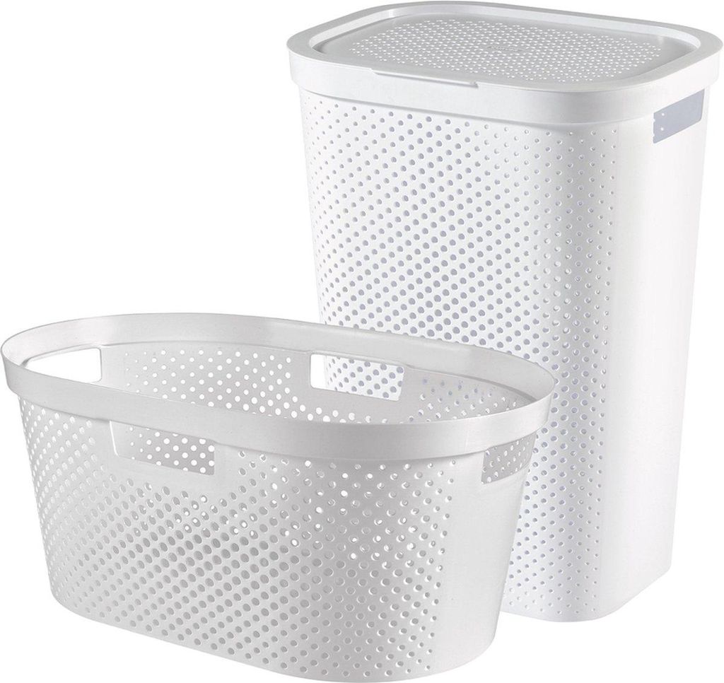 Curver Infinity Dots Wäschebox 60 L + Wäschekorb 40 L – Set, weiß, Kunststoff recycelt