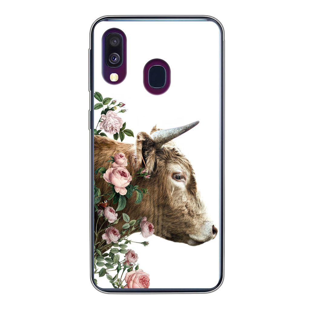 MuchoWow Handyhülle Schutzhülle Hülle für Samsung Galaxy A40 Schottischer Highlander - Kuh - Blumen Silikon Softcase Handy Hülle - Handy-Tasche