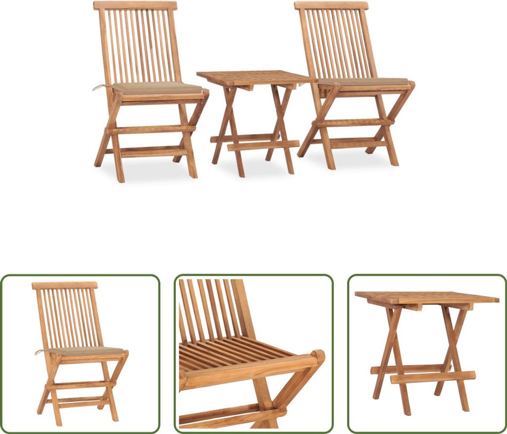 The Living Store 3-tlg. Garten-Essgruppe mit Kissen Klappbar Massivholz Teak