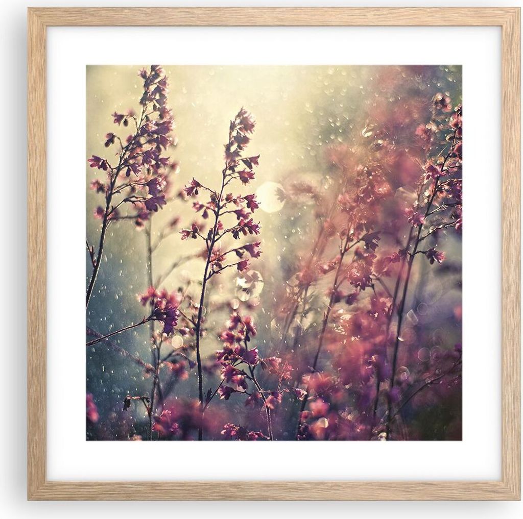 Gerahmtes Poster - Rahmen in heller Eiche - Blumen Regen Licht - 40x40 cm - Wand Bild - Wanddeko - Wandbilder - Wandposter - Bilderrahmen - Bilder ...