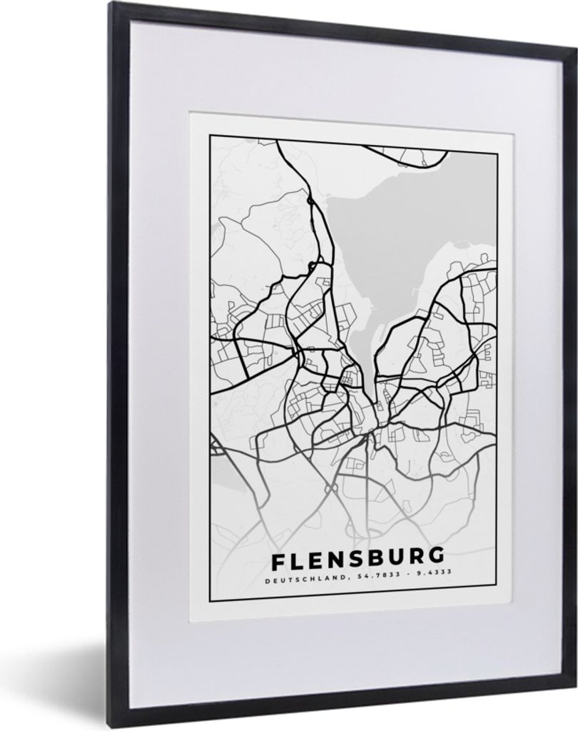 MuchoWow Gerahmtes Poster Flensburg - Karte - Stadtplan 30x40 cm - Poster mit Schwarzem Bilderrahmen Wandposter Rahmen Foto Bilder - Wandposter S...