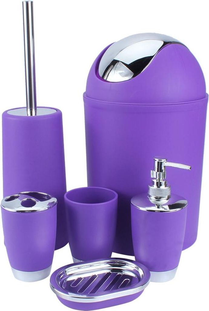 Lila Badezimmer-Accessoires-Set, 6-teilig, bestehend aus Seifenablage, Seifenspender, Becher und Zahnbürstenhalter