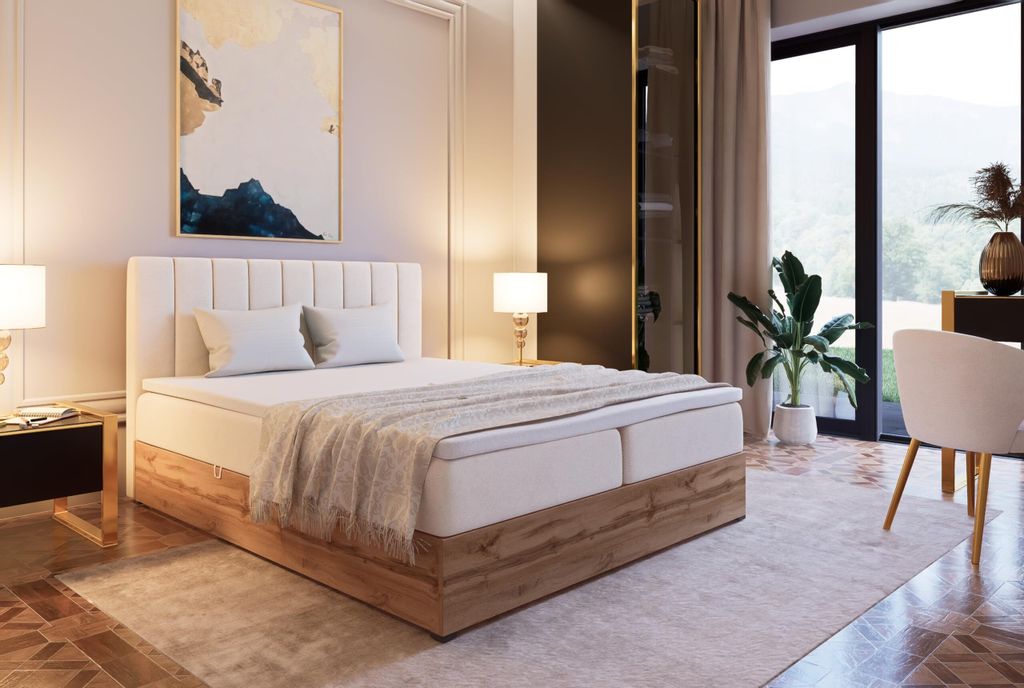 Marlux-Meble Riko II Kontinentalbett 160x200 cm Modern Bequemes Hochbett Gepolstert Mit Matratze Und Zwei Bettzeugbehälter (Itaka 16 - Beige)