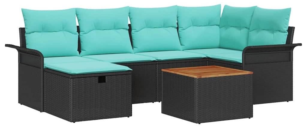 Gartensofa-set mit Kissen 7 pcs Schwarz Poly Rattan
