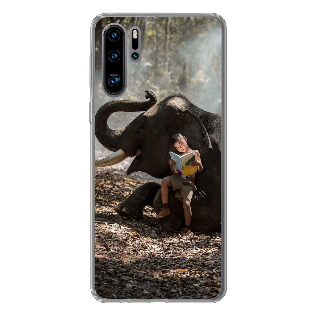 MuchoWow Handyhülle Schutzhülle Hülle für Huawei P30 Pro Elefant - Junge - Buch - Wald - Tiere - Natur Silikon Softcase Handy Hülle - Schutz...