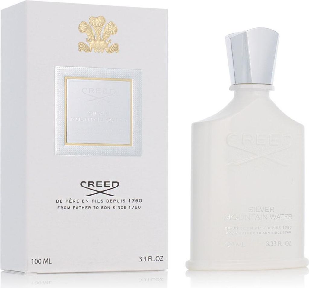 A product shot of Creed Silver Mountain Water Eau de Parfum and its packaging.