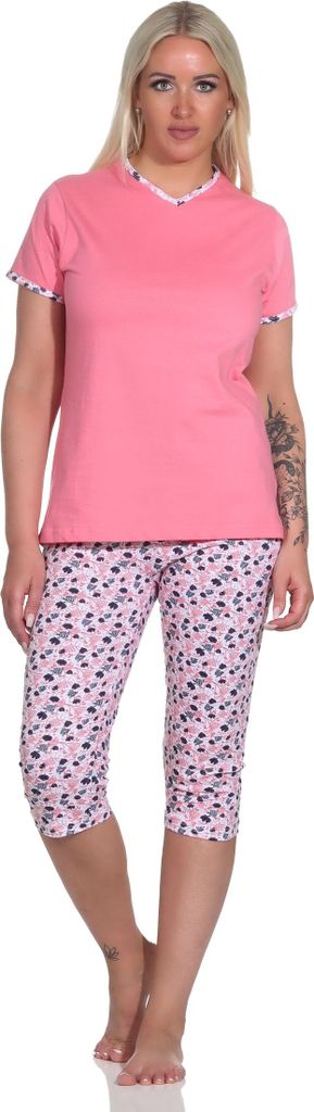 Floraler Damen Capri Pyjama, kurzer Schlafanzug mit 3/4 Caprihose - 12320410152 ; pink , 48-50