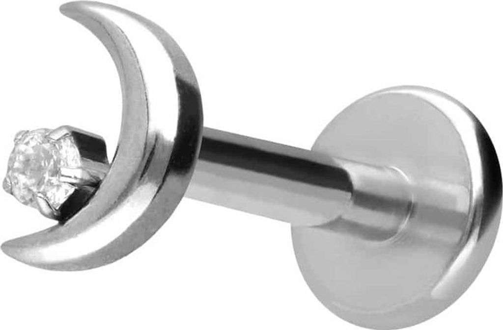 Ohrpiercing, Nasenpiercing Titan Labret mit Push Fit MOND + KRISTALL Silber Stablänge: 8mm | Stabstärke: 1mm