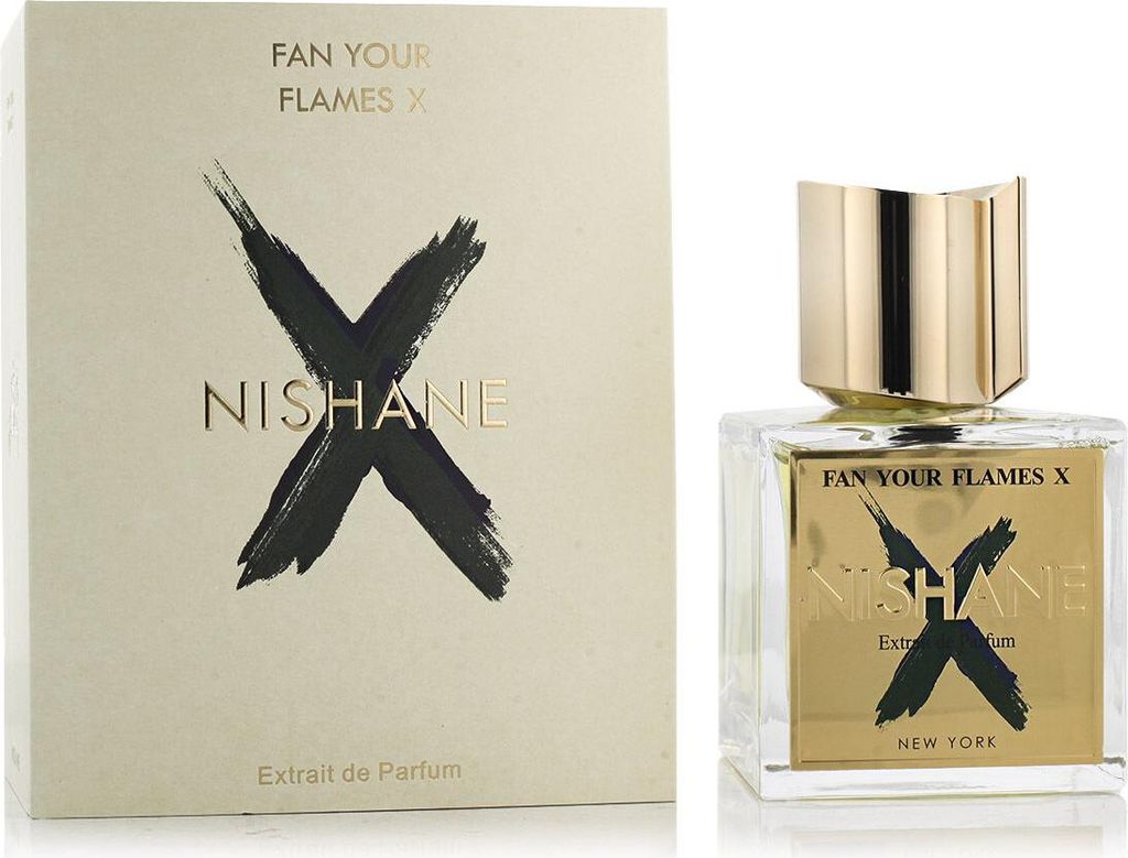 A bottle of Nishane Fan Your Flames X Extrait de Parfum and its packaging are displayed side-by-side against a white background.