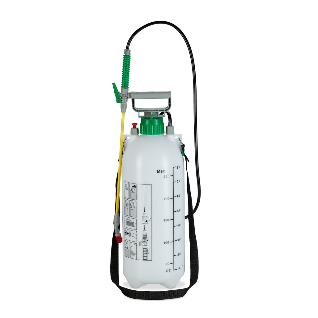Relaxdays Drucksprüher 8 Liter, einstellbare Düse, für Wasser & Unkrautvernichter, Sprühflasche Garten, Skalierung, weiß