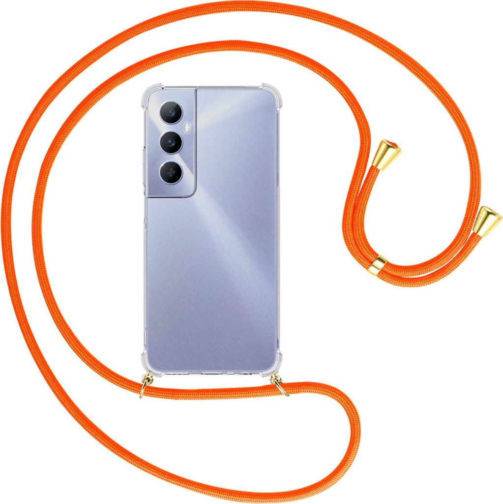 Handykette Backcover-Schutzhülle mit Band (Metall goldfarben) für Realme C65 4G - neonorange
