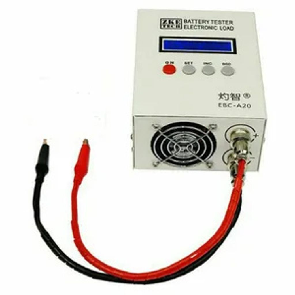 A white electronic battery tester with a blue display screen and various buttons, connected to red and black alligator clip wires.