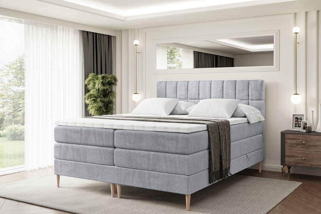 ALTDECOR Boxspringbett mit Holz Füßen, Matratze und Lattenrost, Topper, Polsterbett mit Bettkasten, Bett mit Stauraum H3- und H4- Matratze, Doppe...
