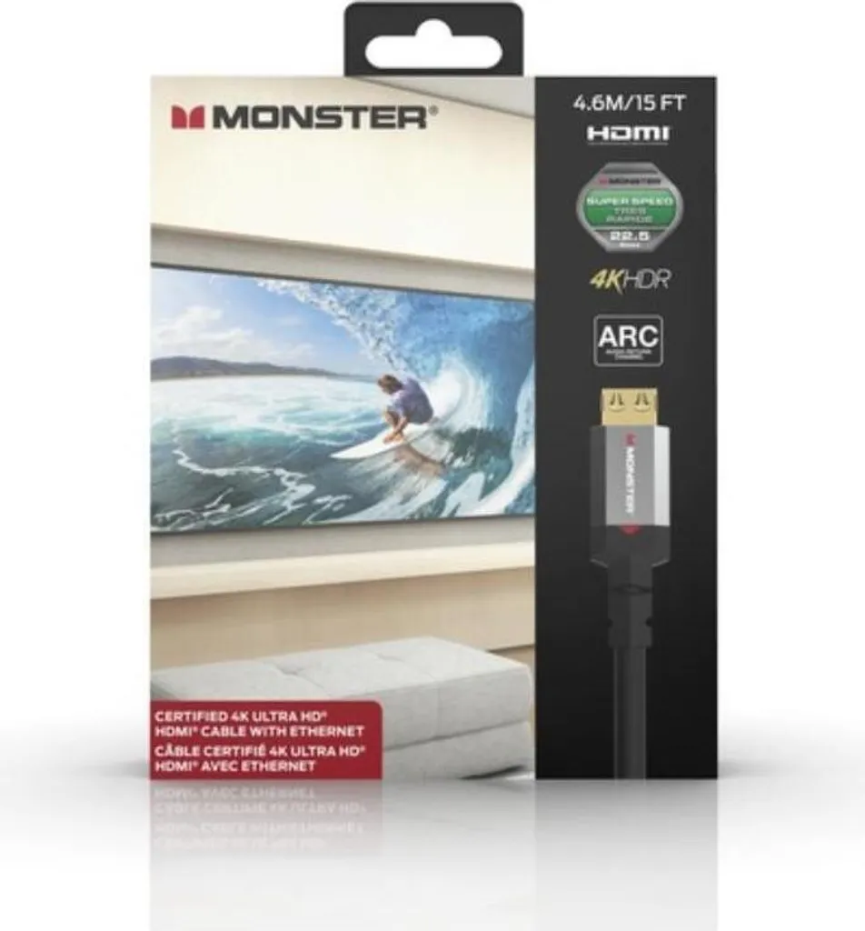 Câble HDMI Monster Essentials 4K HDR 22.5 Gbit/s de 4.6m en gris