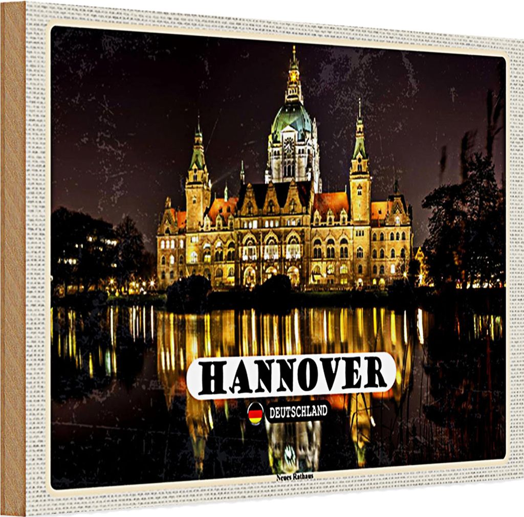 Holzschild Städte Hannover Neues Rathaus Abend 30x20cm