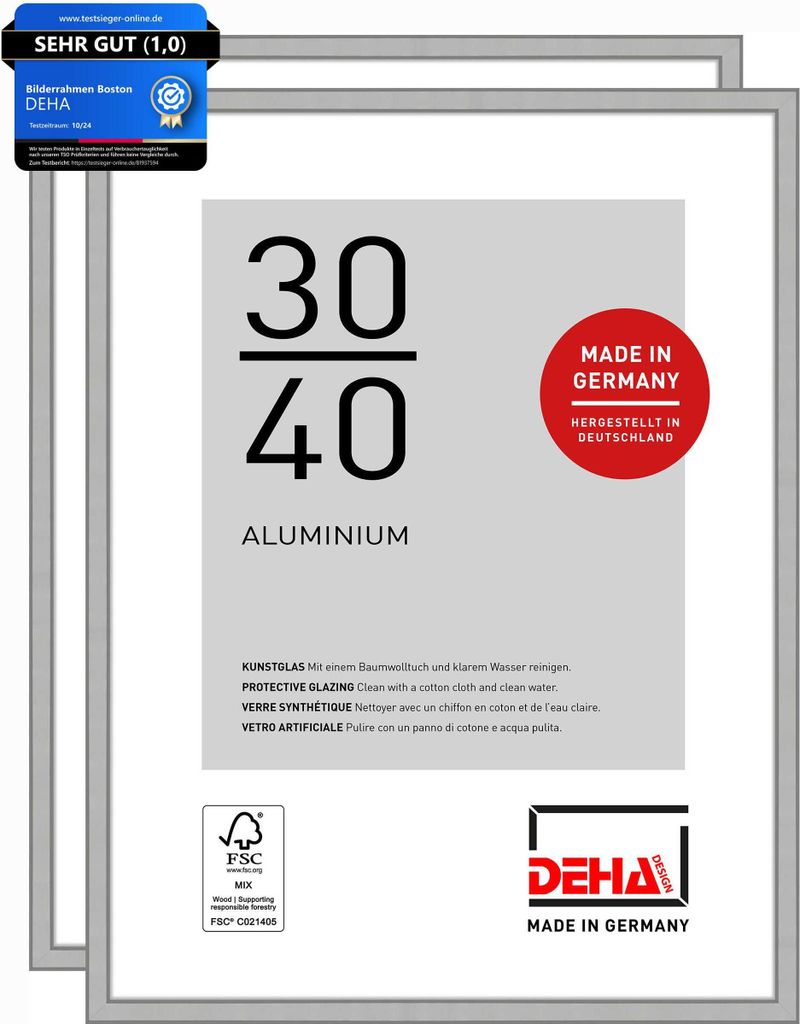 DEHA Design Bilderrahmen Boston (2er Set), 30x40 cm, Aluminium Silber Matt