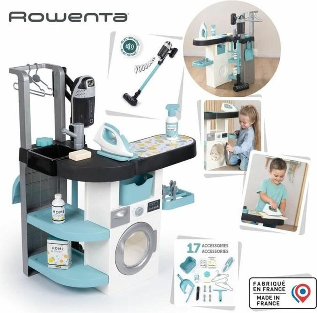 A collage of images showcasing a children's toy laundry set, including close-ups of the product and children playing with it.