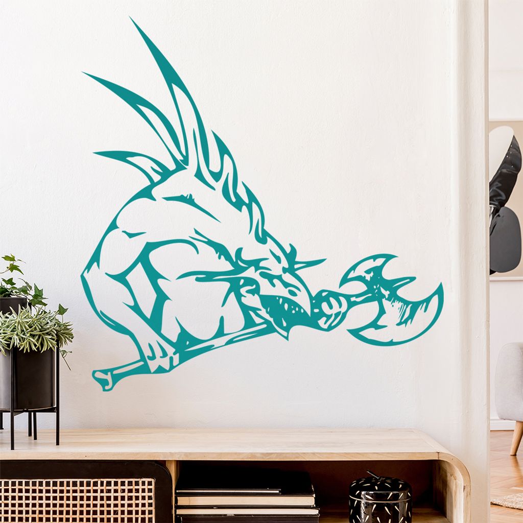 Drachen mit Hellebarde Wandtattoo in 6 Größen - Wandaufkleber Wall Sticker - Dekoration, Küche, Wohnzimmer, Schlafzimmer, Badezimmer