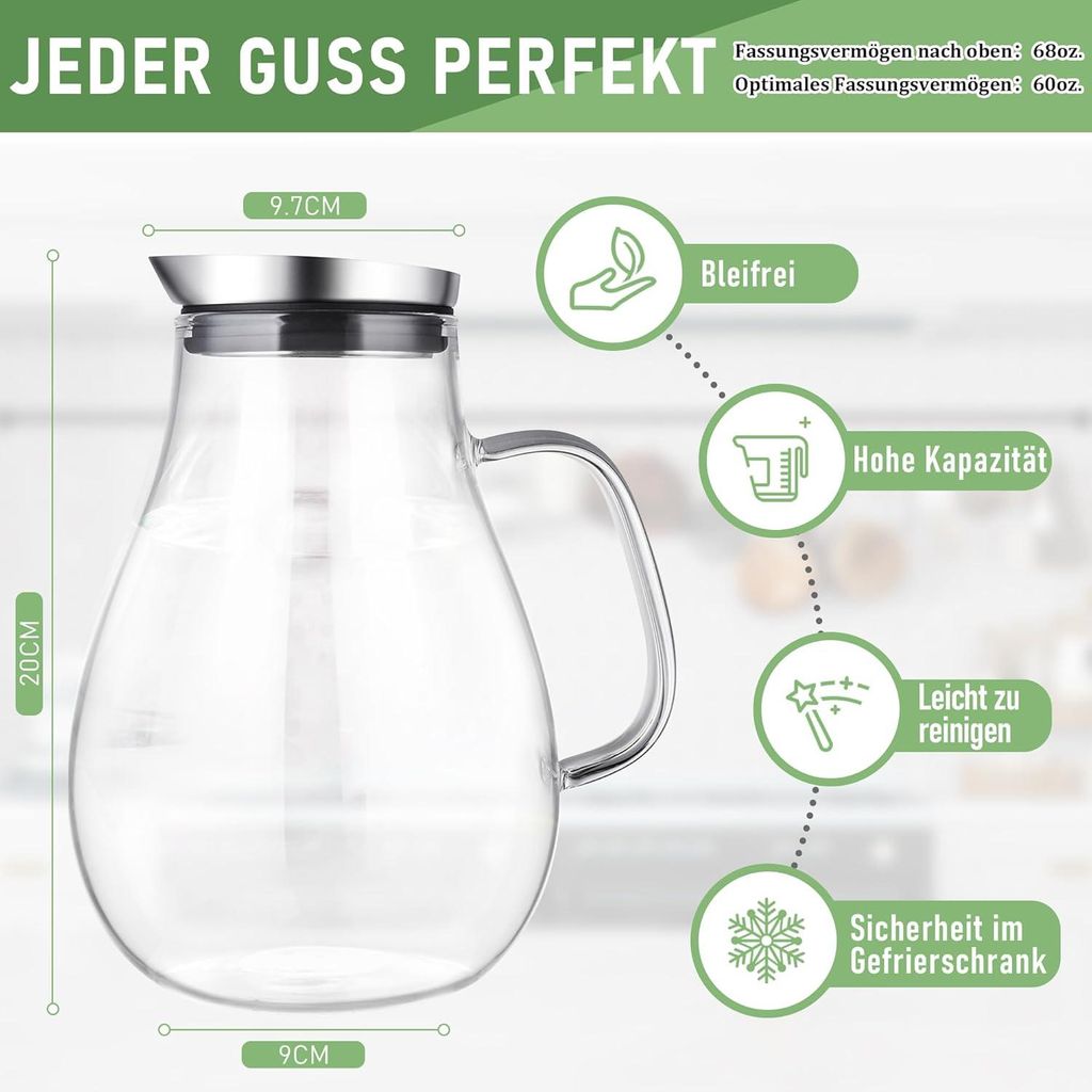 Glaskaraffe 2L mit Deckel Borosilikatglas Wasserkaraffe