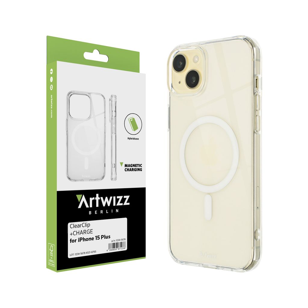 ARTWIZZ ClearClip +CHARGE für iPhone 15 Plus - Shockproof Hülle mit verstärkten Ecken und Magnetring Ladefunktion - Transparent