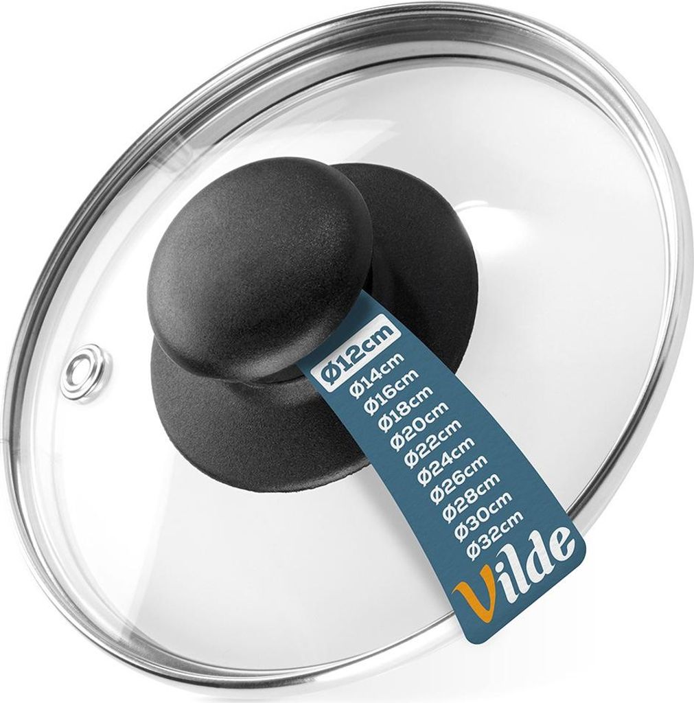 A close-up view of a glass pot lid with a black handle.