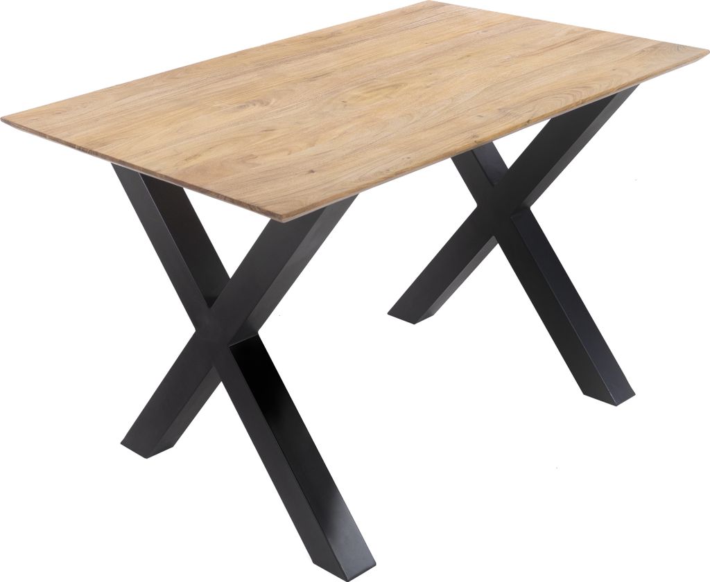Esstisch 120x80cm Akazie massiv eichenfarben schweizer Kante X-Gestell schwarz DEAN