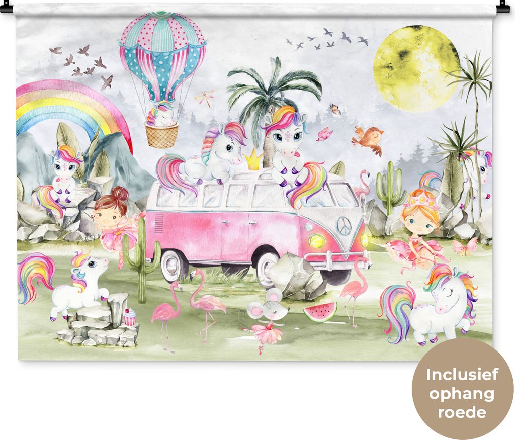 MuchoWow Wandteppich Wandbehang Einhorn - Regenbogen - Kinder - Mädchen - Auto 120x90 cm Tapisserie Dekoration Wandtuch - Wohnen - Aufhänger f...