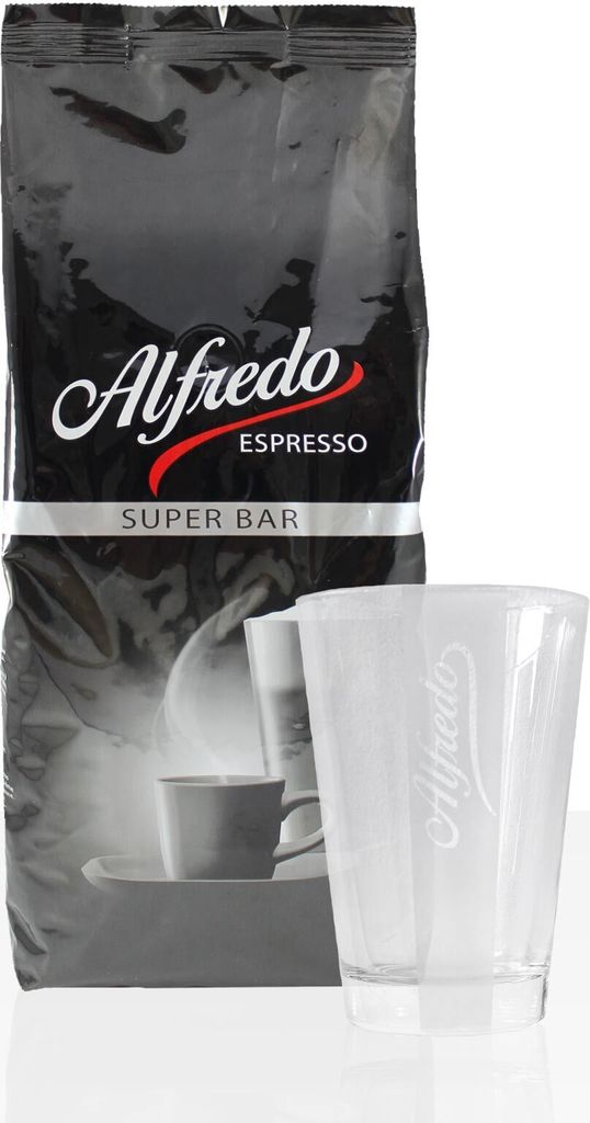 Darboven Alfredo Espresso Super Bar Kaffeebohnen 1kg + Latte Macchiato Glas
