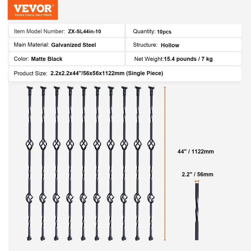 Ringhiere in metallo VEVOR, 56 x 56 x 1122 mm, montanti decorativi per ringhiere in acciaio zincato, confezione da 10 ringhiere con doppia gabbia cava, ringhiere per scale a chiocciola con scarpette e viti - 7