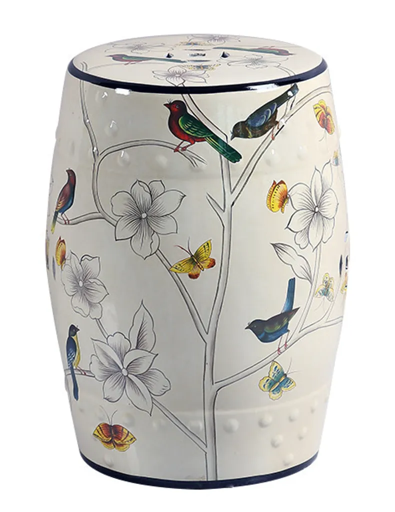 Tabouret en Céramique Blanc Tayla Oiseaux Fait Main Fine Asianliving D30