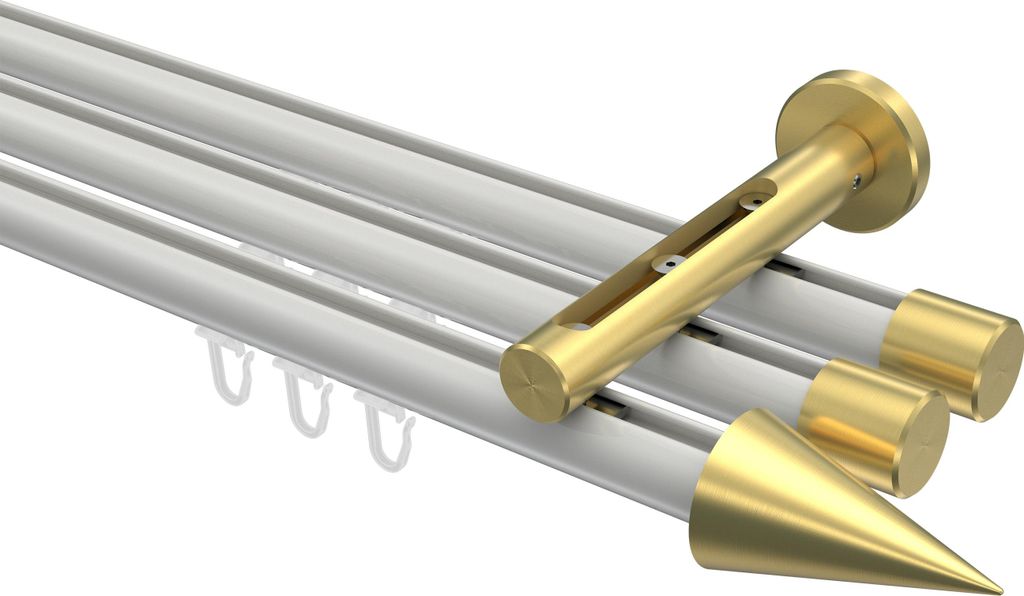 Interdeco Innenlaufstange / Gardinenstange mit Innenlauf Weiß / Messing-Optik, Typ Siteno Savio (Kegel), 20 mm Ø 3-läufig, 420 cm