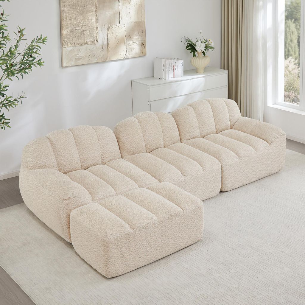 Ecksofa L-Form 3-Sitzer, Modulares Sofa mit 1 Hocker, 32D Hochdichtschaum, tiefe Sitzfläche, weicher Stoff, Wohnzimmer geeignet