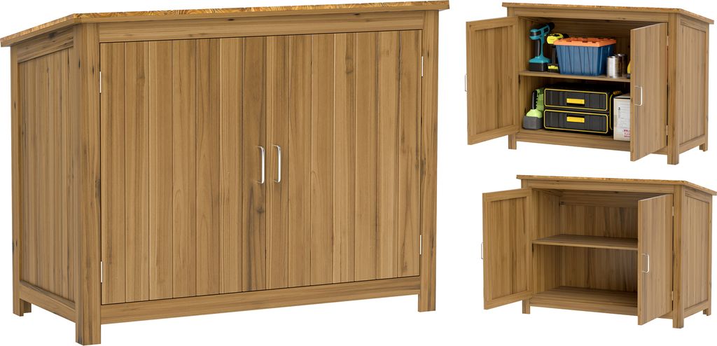 Outsunny Gartenschrank Holz, Geräteschuppen wetterfest 110x50x85cm, Gerätehaus mit Tür, Pultdach, Ablagen, Geräteschrank, Gartenhaus Werkzeugsc...