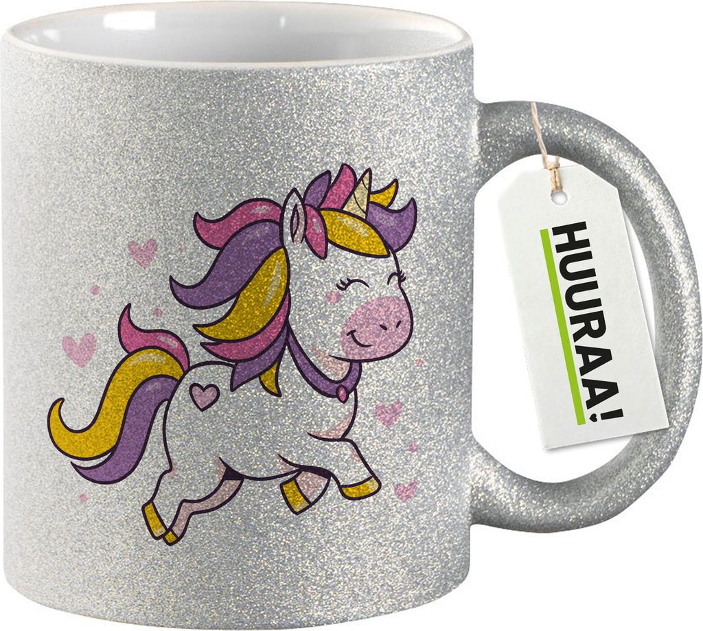 Huuraa Glitzertasse Einhorn Comic 330ml Silber Keramik Kaffeebecher Geschenkidee